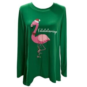 Joyland Women's Falalamingo Long Sleeve Green Christmas Holiday Graphic Medium
